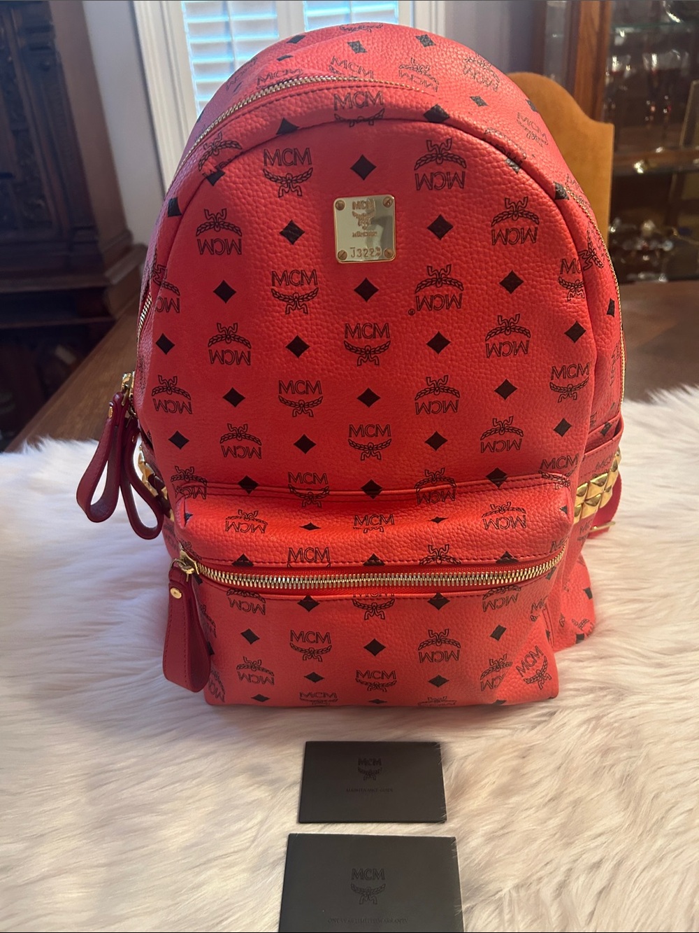 MCM Red Logo Backpack with Gold Hardware